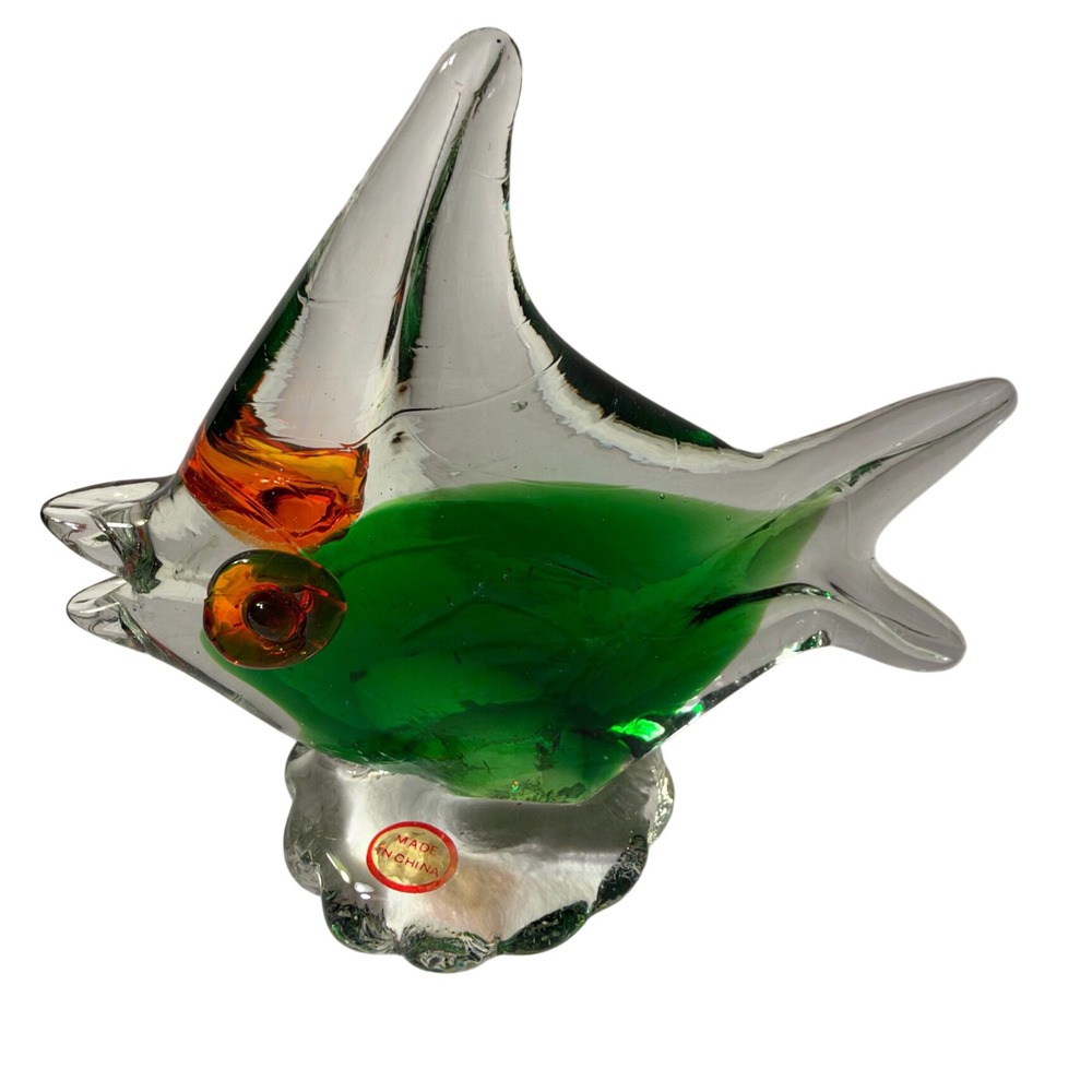 Vintage Art Glass Fish Figurine Green Orange Clear Hand Blown Paperweight 5"